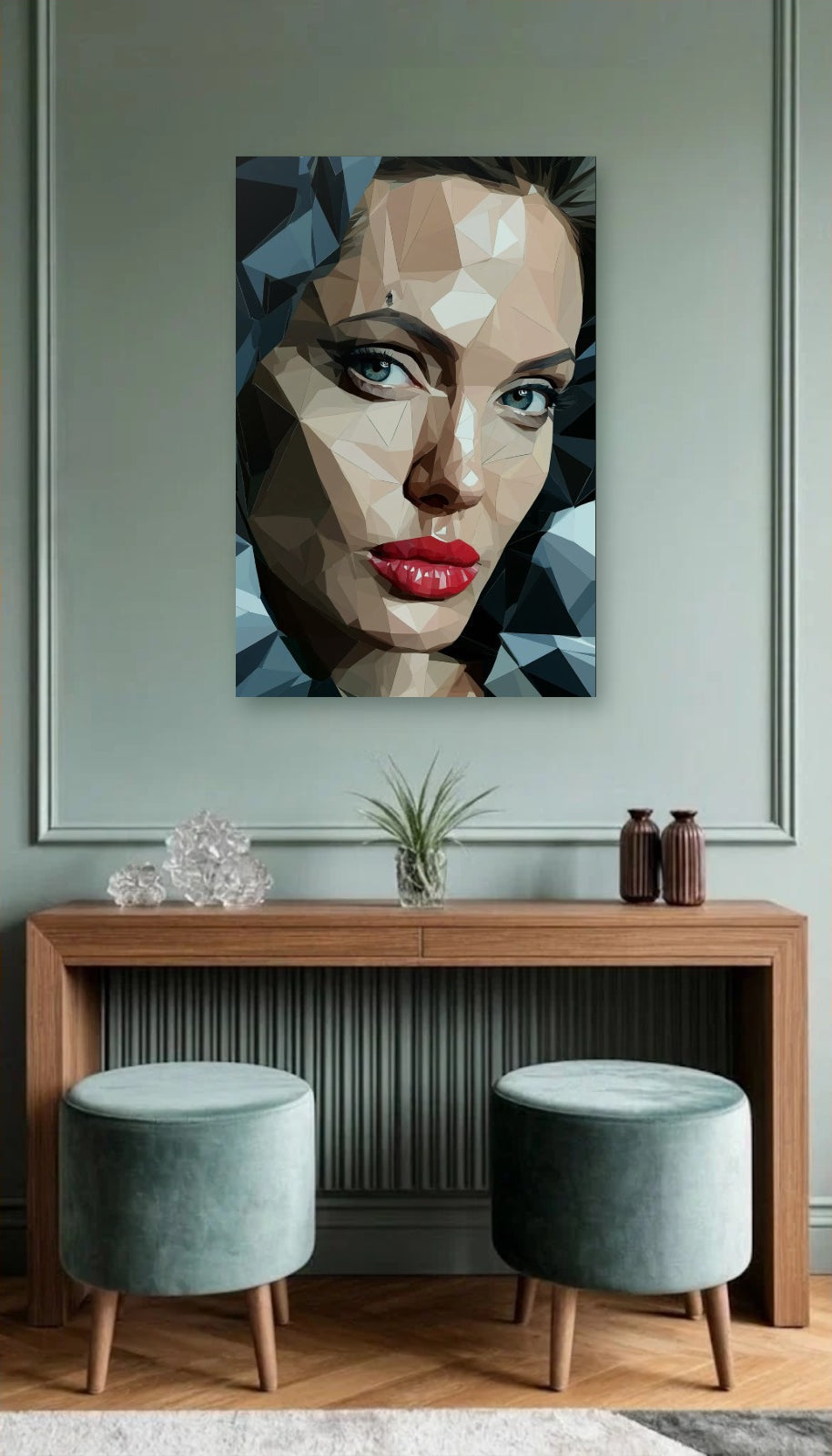 Cinematic Art acrylic wall art above a wooden console