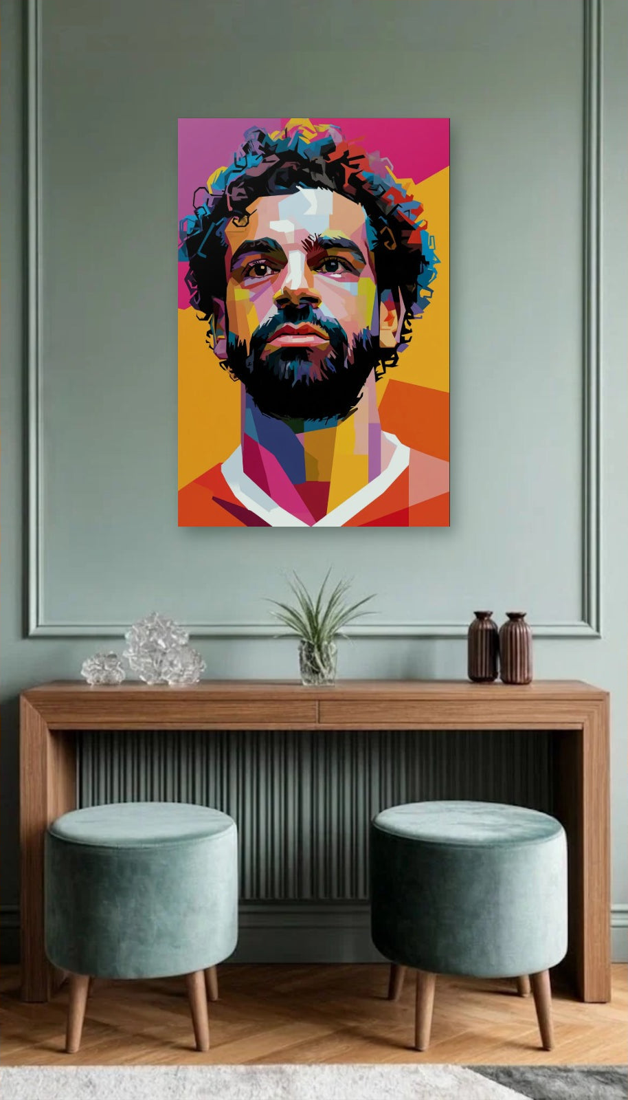 Cinematic Art acrylic wall art above a wooden console