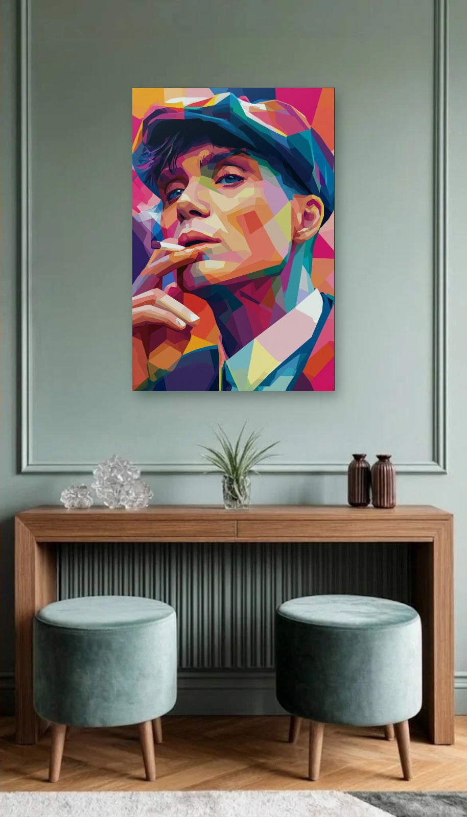Cinematic Art acrylic wall art above a wooden console