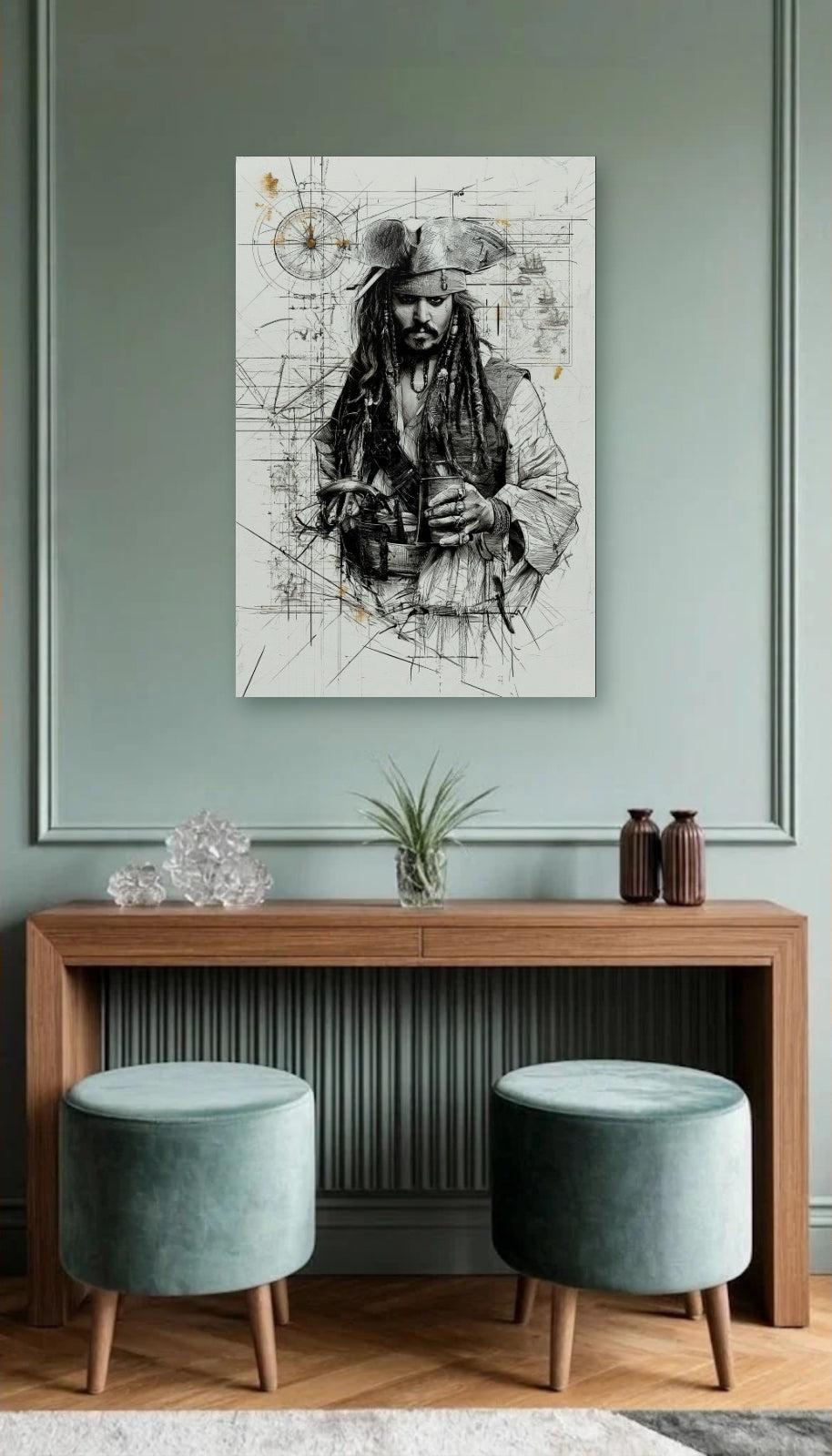 Cinematic Art acrylic wall art above a wooden console