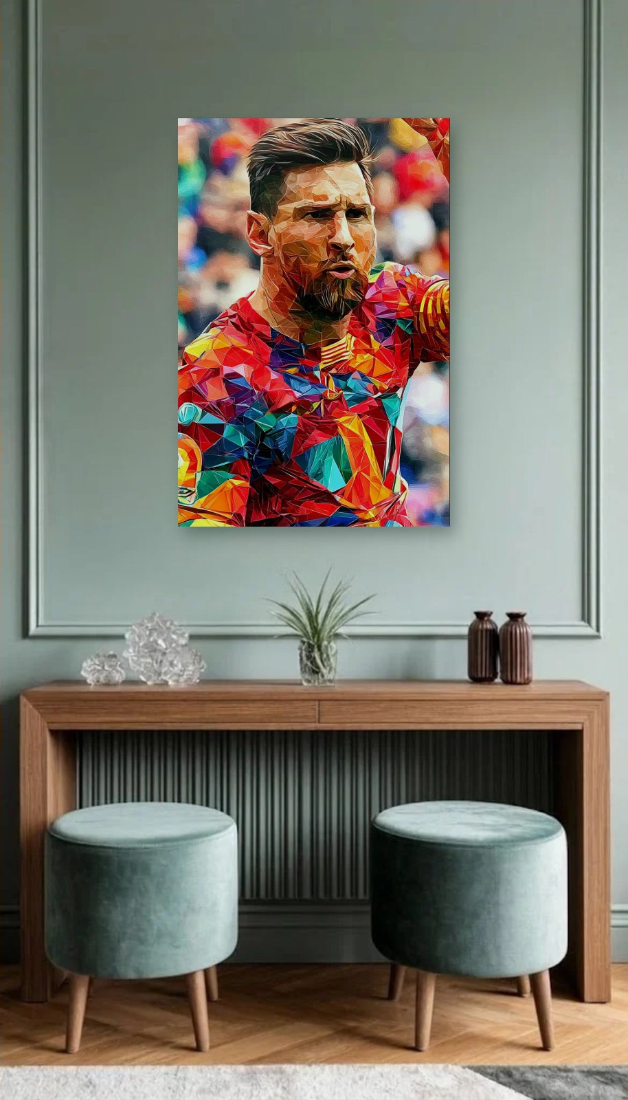 Cinematic Art acrylic wall art above a wooden console