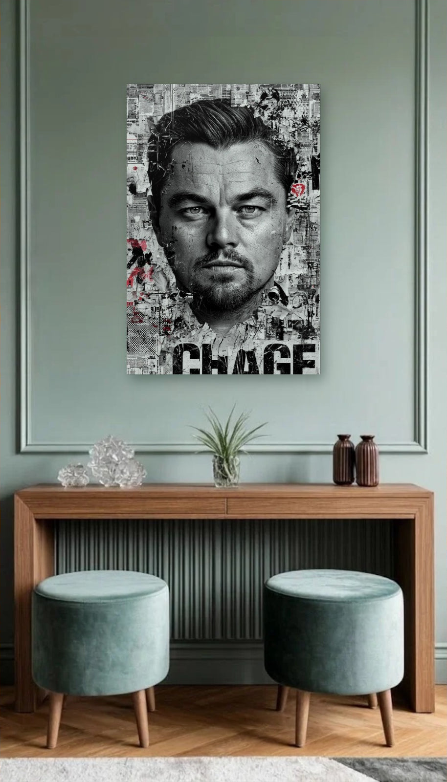 Cinematic Art acrylic wall art above a wooden console