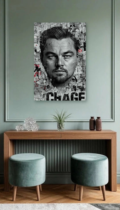 Cinematic Art acrylic wall art above a wooden console