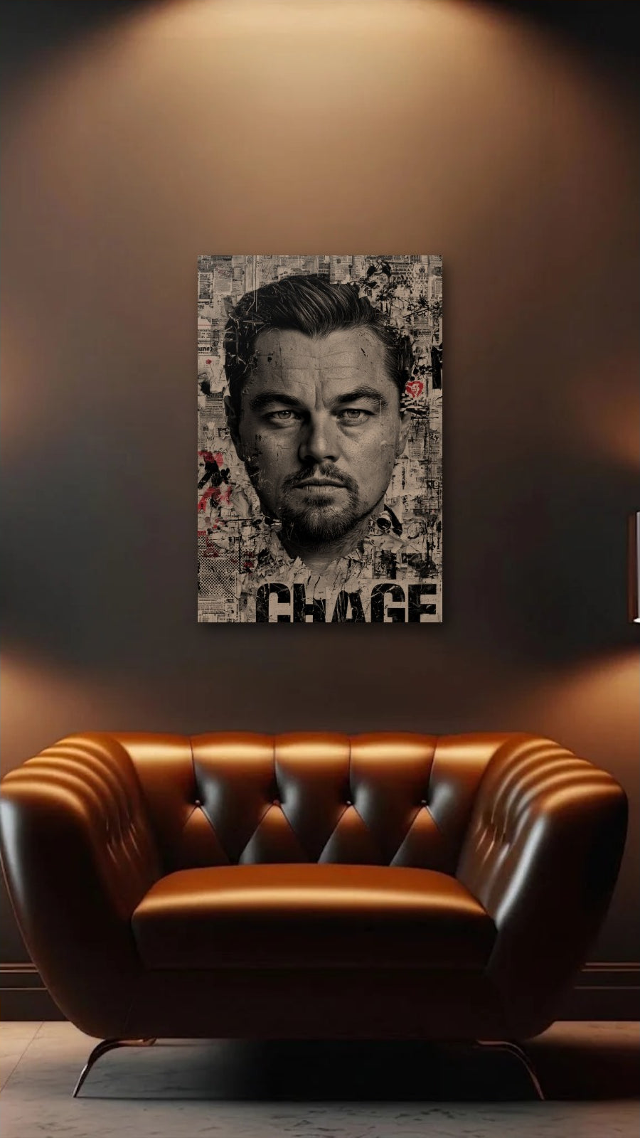 Cinematic Art acrylic wall art above a leather armchair