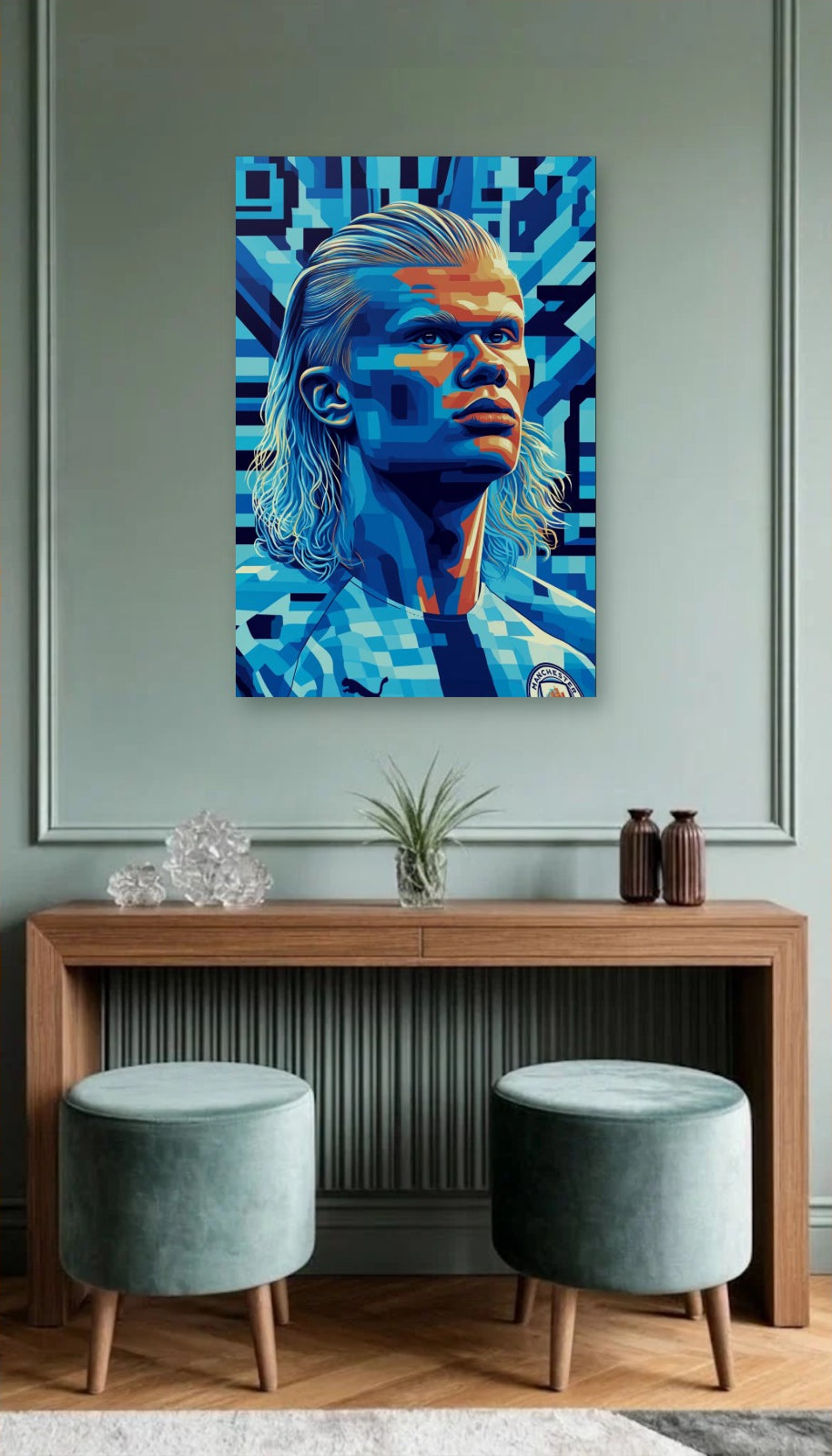 Cinematic Art acrylic wall art above a wooden console