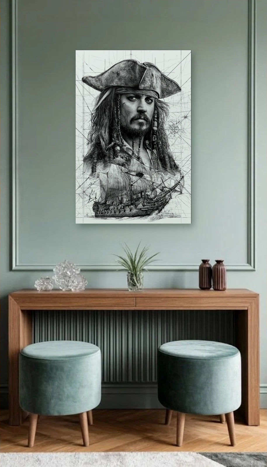 Cinematic Art acrylic wall art above a wooden console