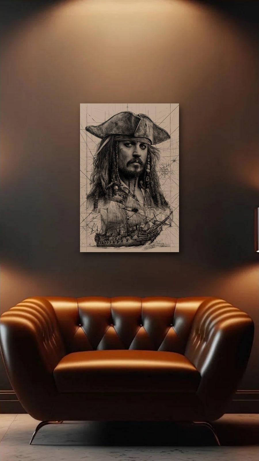Cinematic Art acrylic wall art above a leather armchair