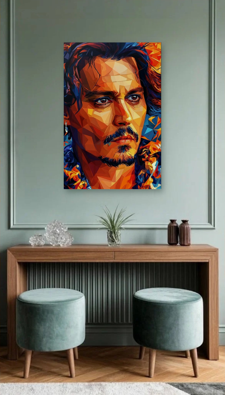 Cinematic Art acrylic wall art above a wooden console