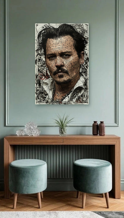 Cinematic Art acrylic wall art above a wooden console
