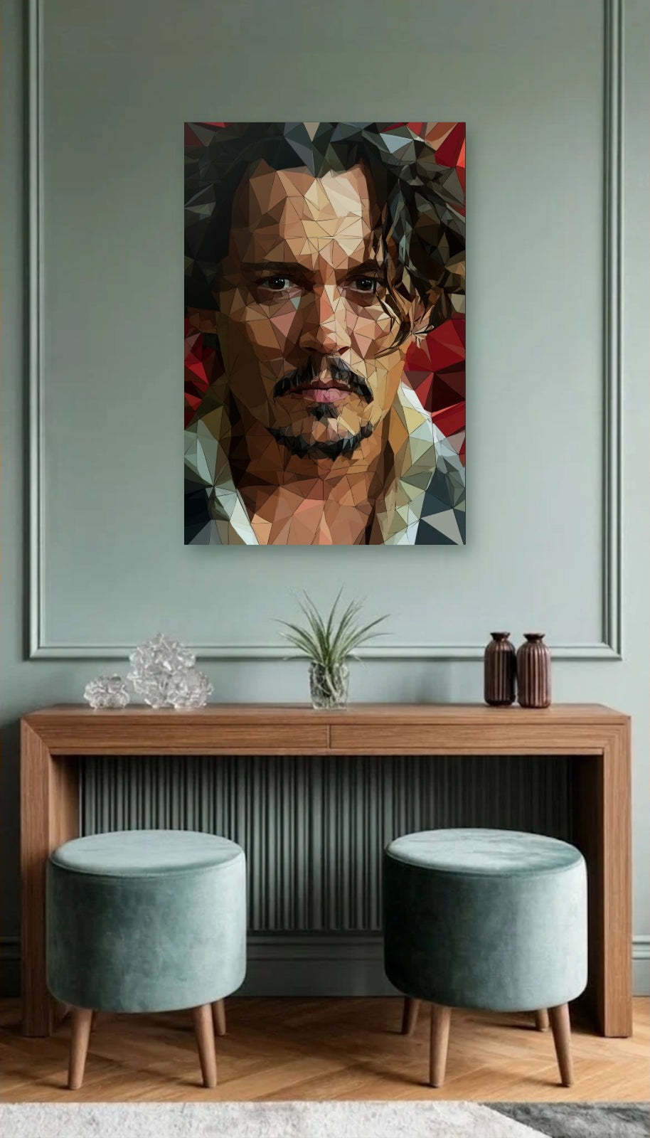 Cinematic Art acrylic wall art above a wooden console