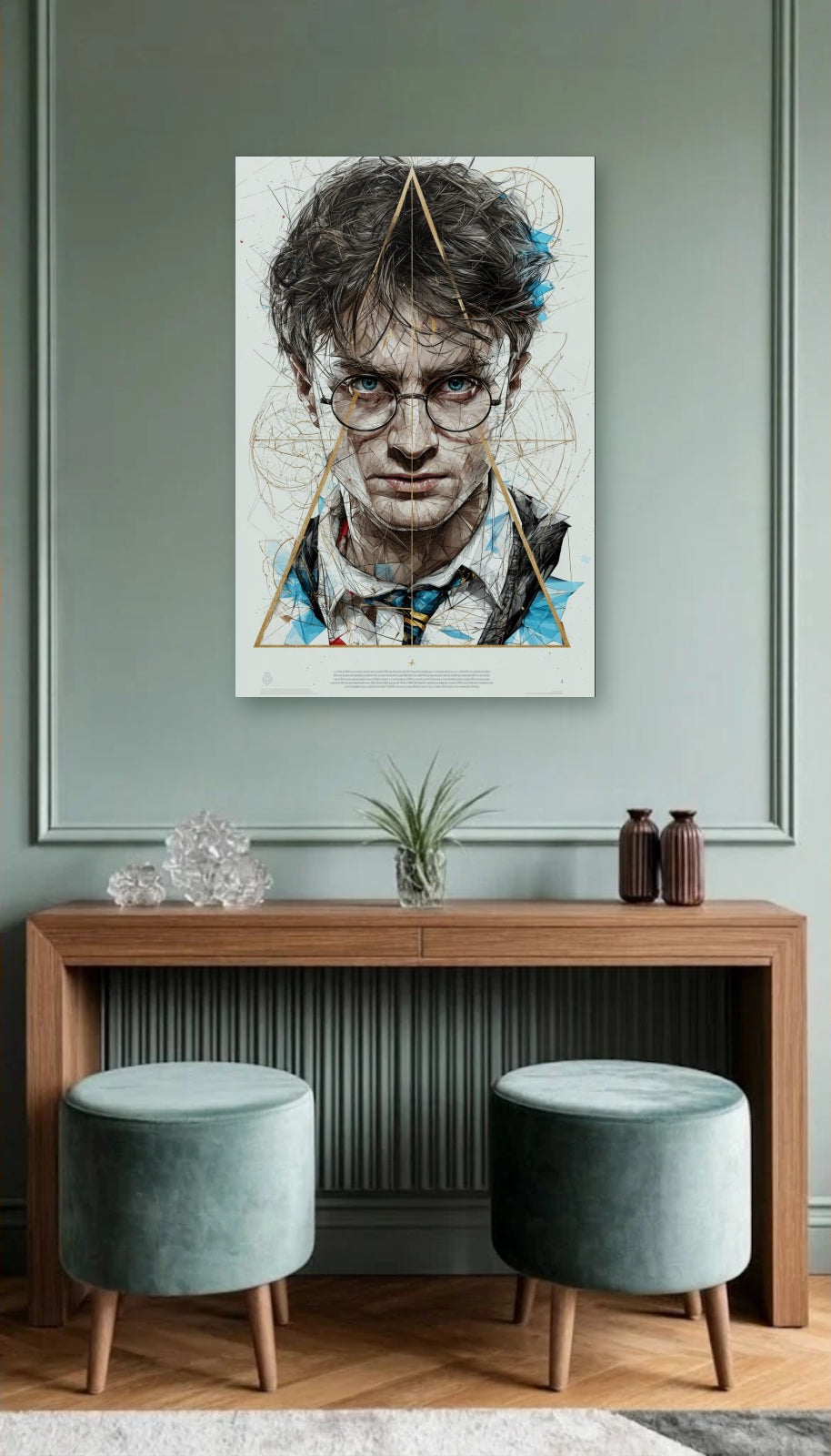 Cinematic Art acrylic wall art above a wooden console
