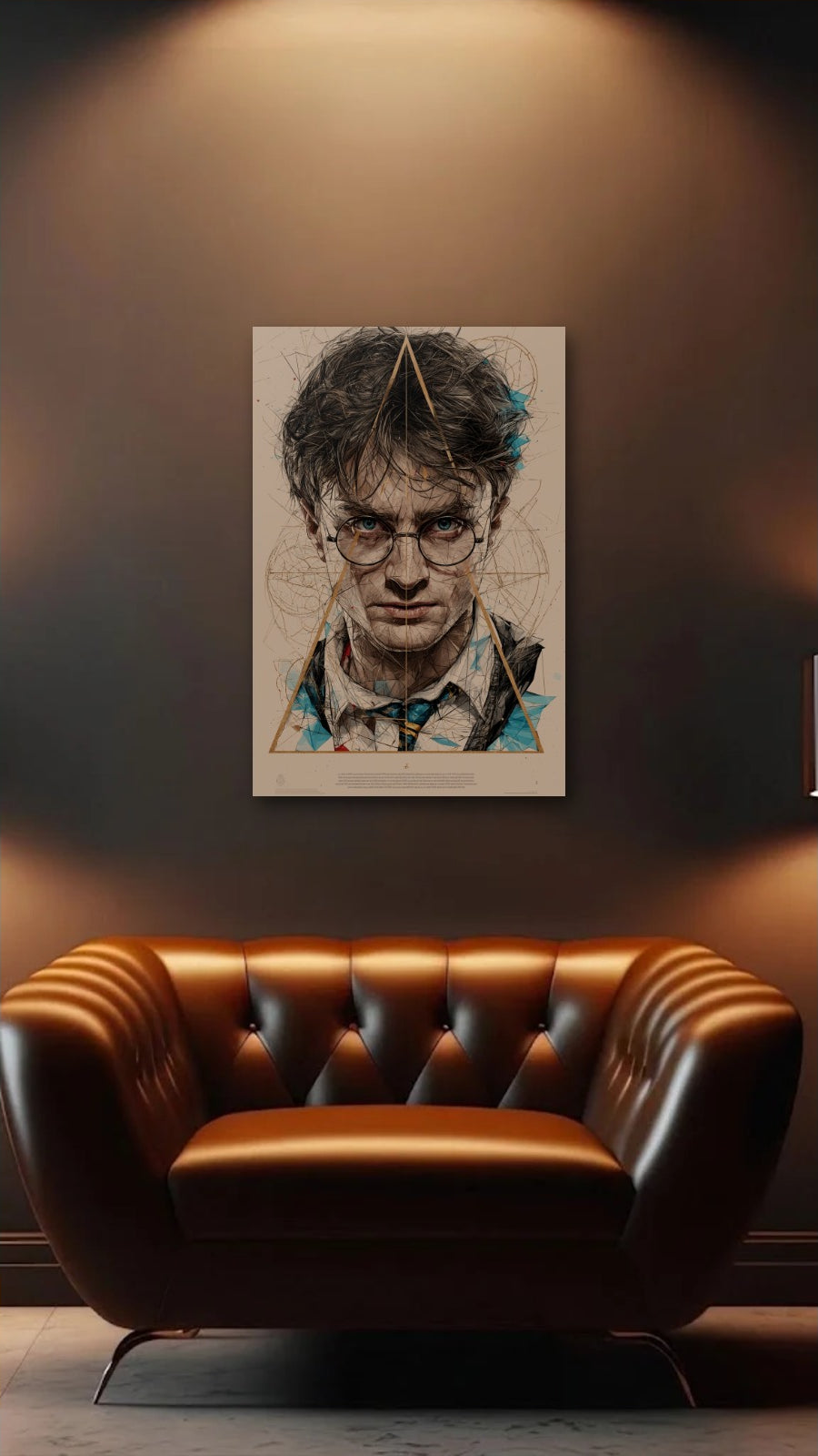 Cinematic Art acrylic wall art above a leather armchair