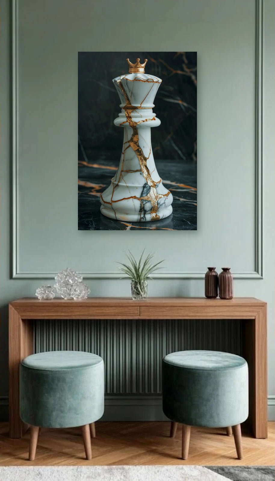 Luxury Art acrylic wall art above a wooden console