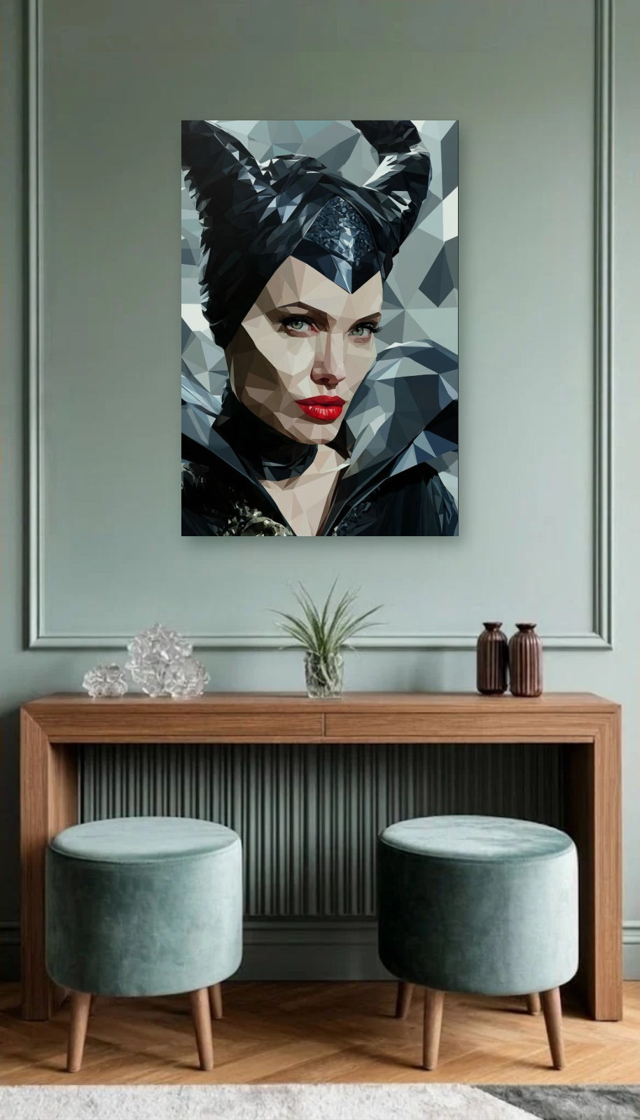 Cinematic Art acrylic wall art above a wooden console