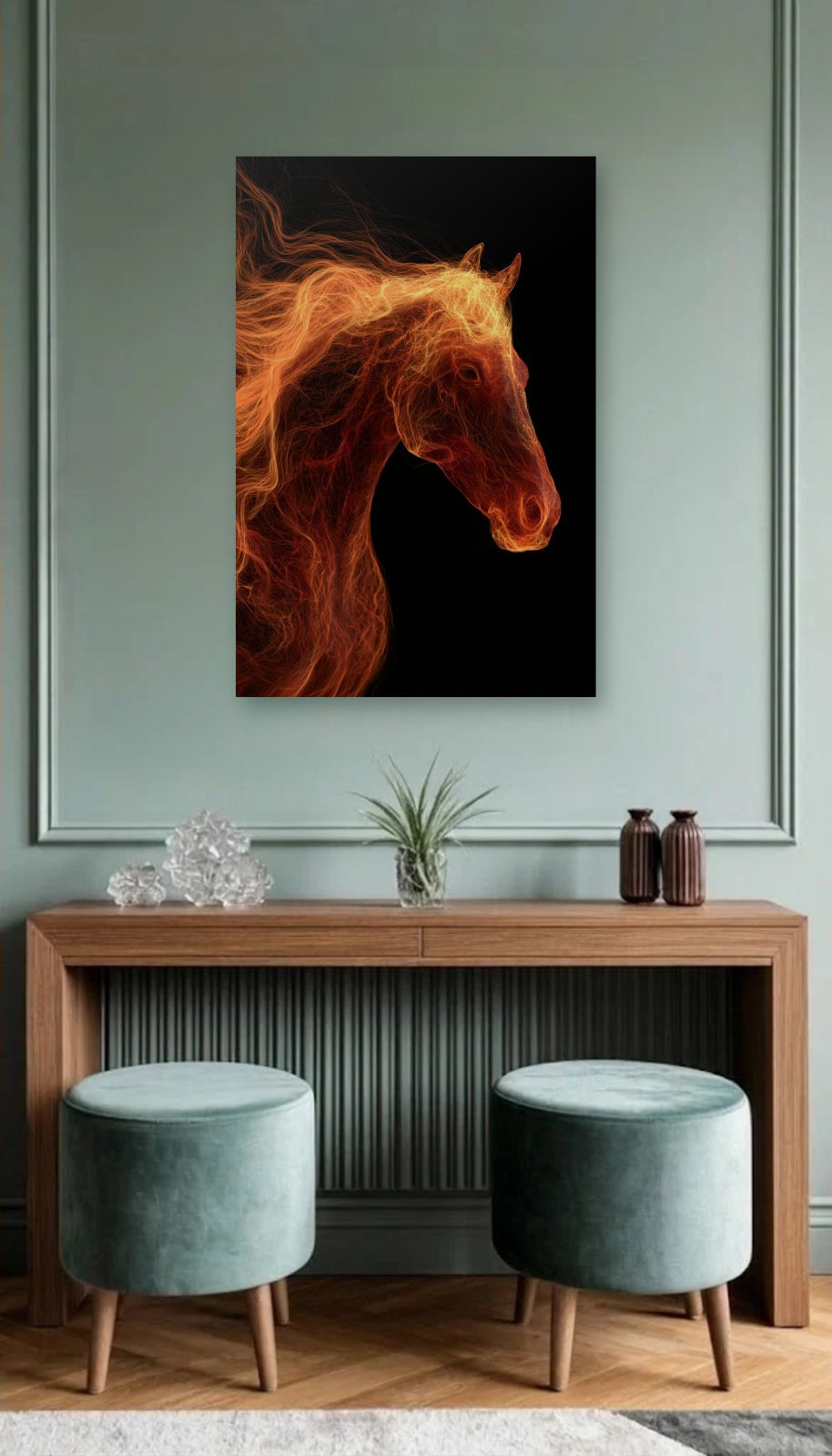 Wild Art acrylic wall art above a wooden console