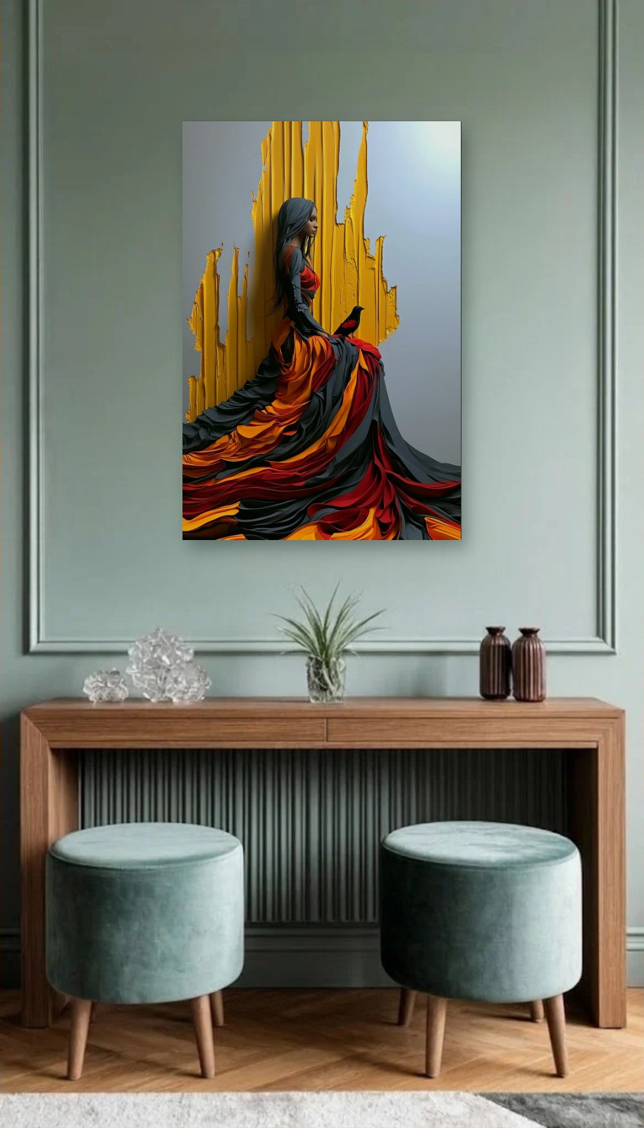 Luxury Art acrylic wall art above a wooden console