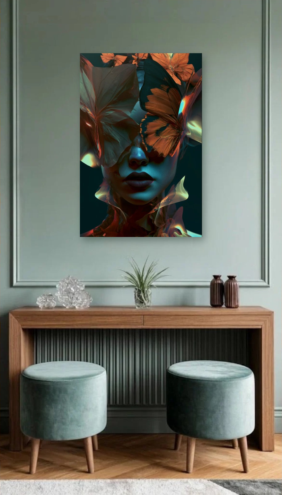 Expressions Art acrylic wall art above a wooden console