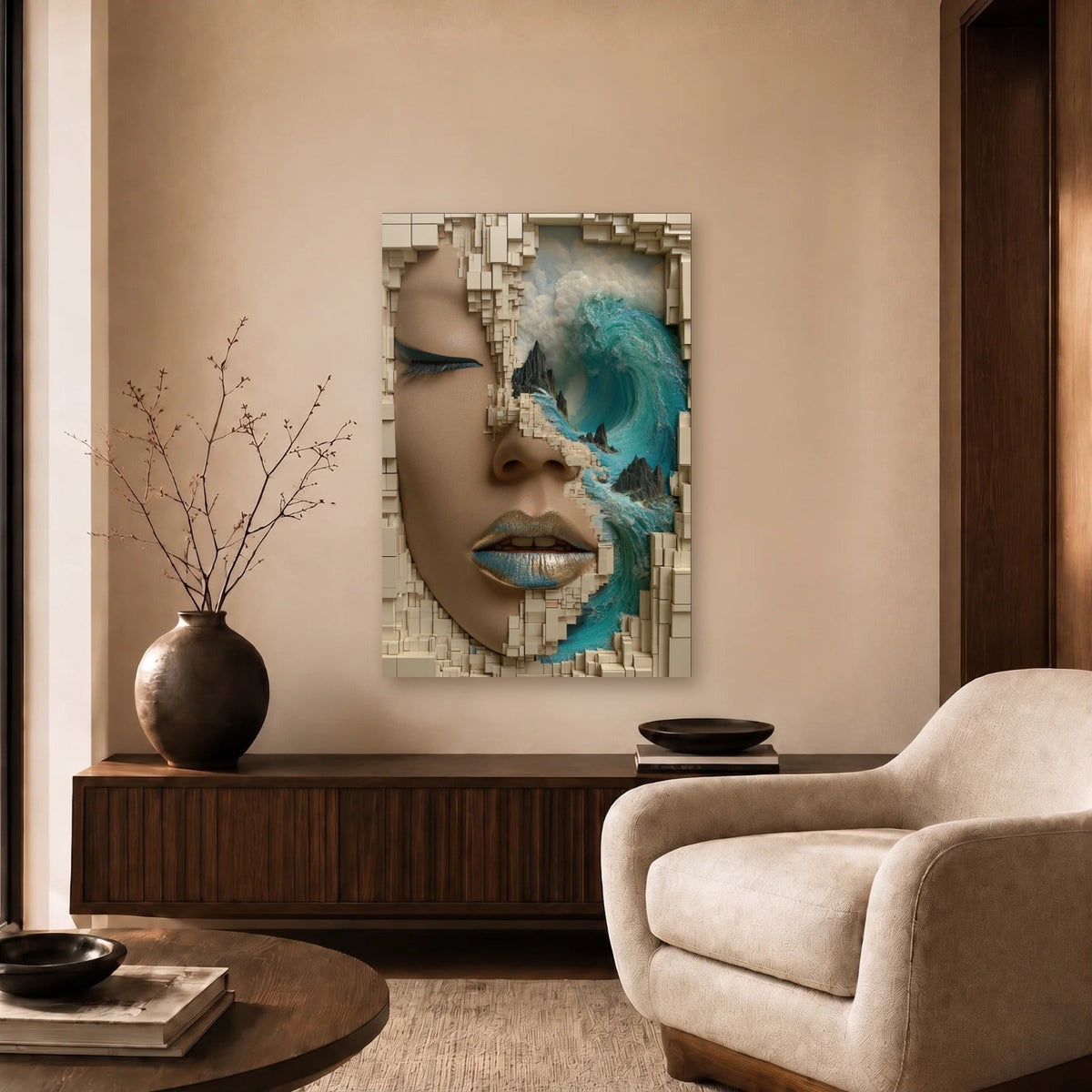Expressions Art acrylic wall art in a beige living room