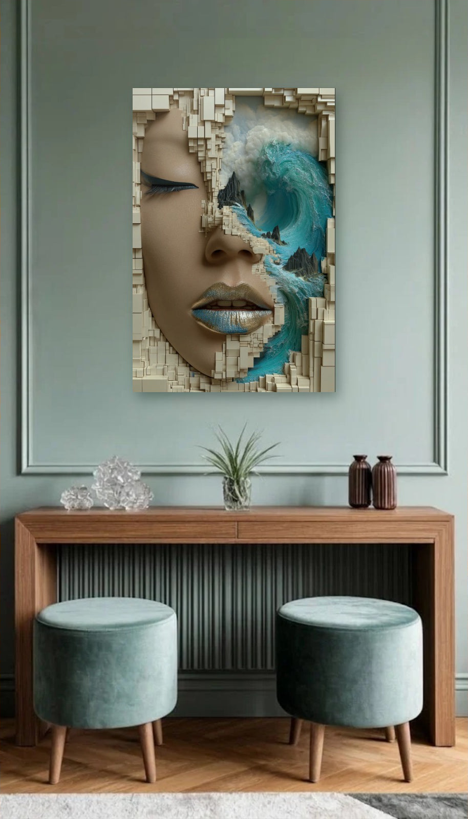 Expressions Art acrylic wall art above a wooden console
