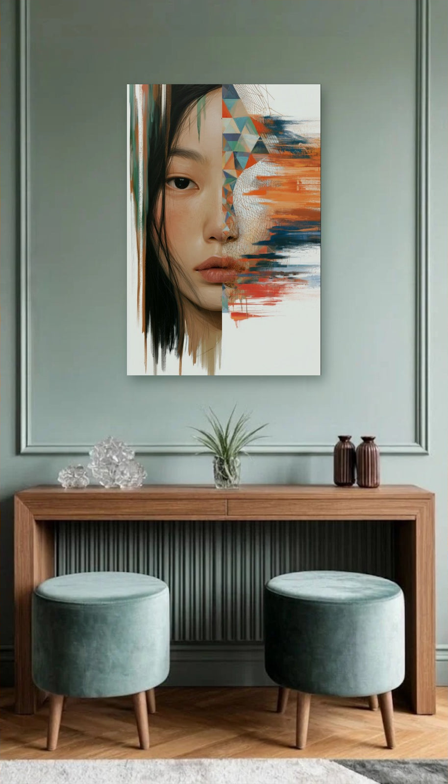 Expressions Art acrylic wall art above a wooden console