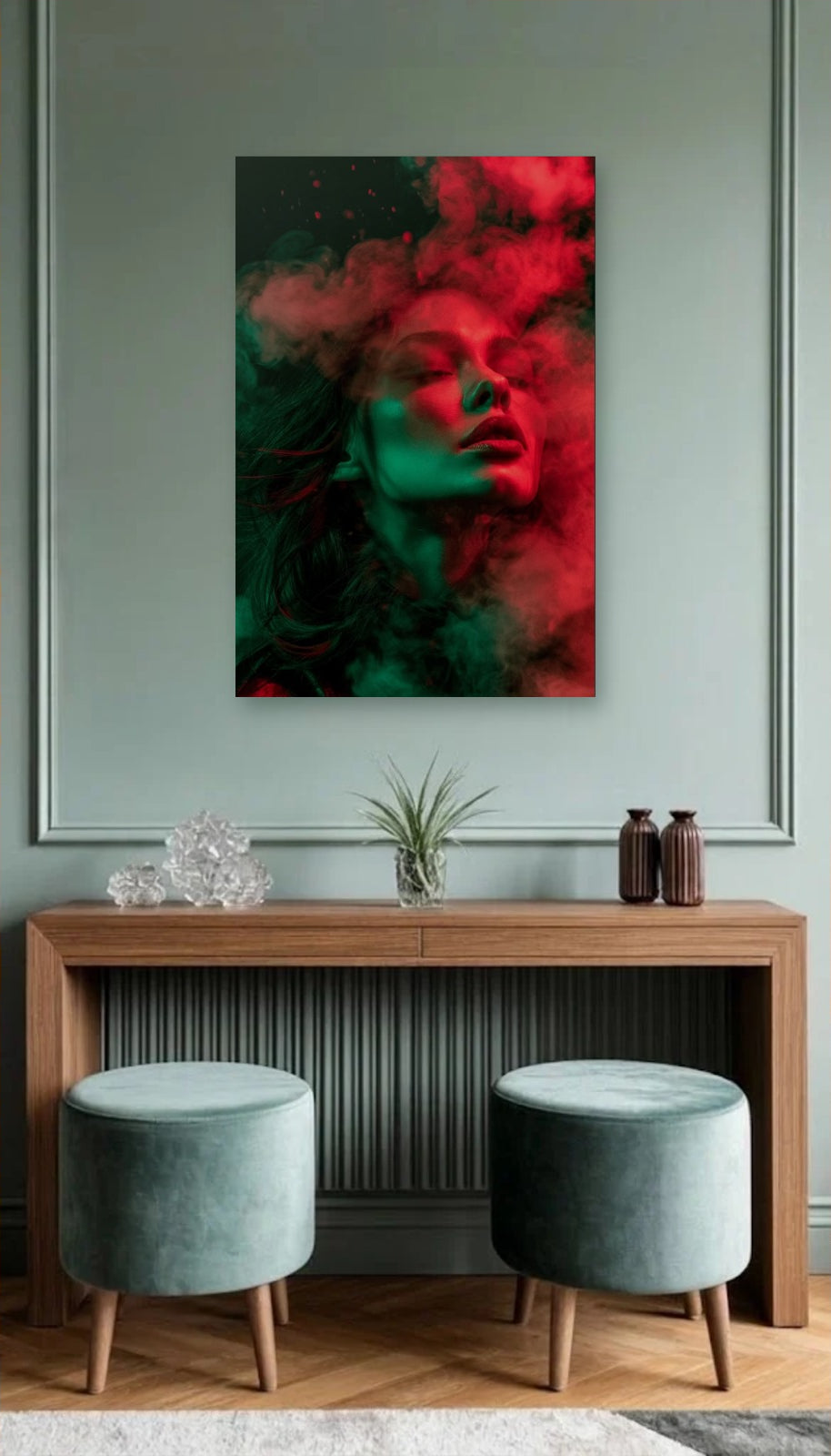 Expressions Art acrylic wall art above a wooden console