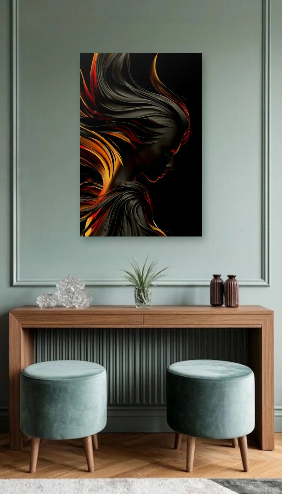 Expressions Art acrylic wall art above a wooden console