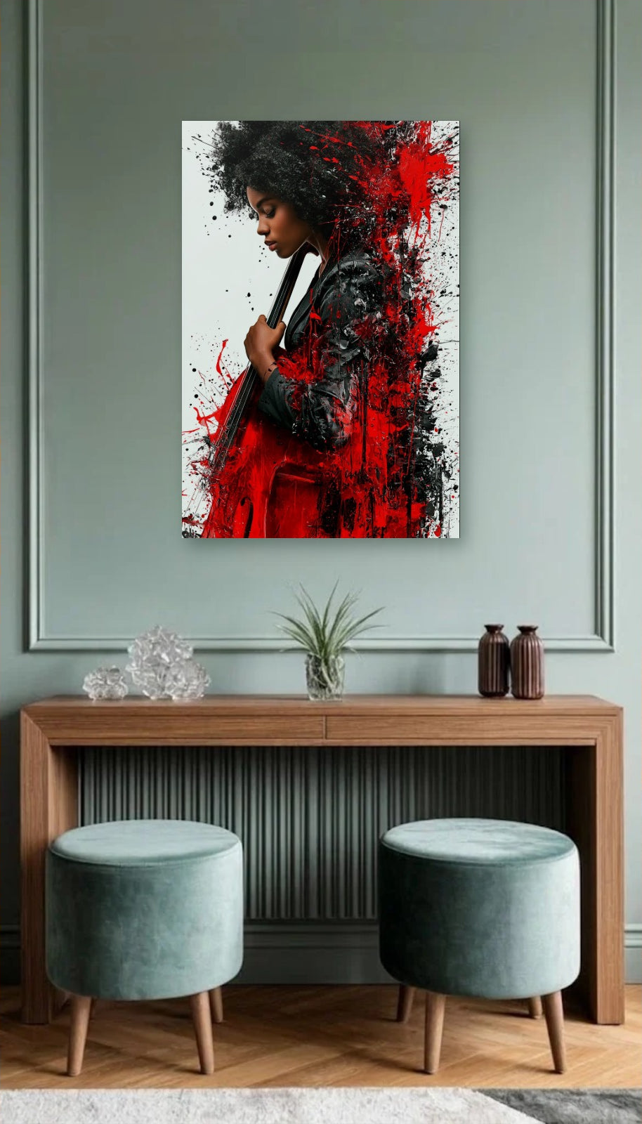 Expressions Art acrylic wall art above a wooden console