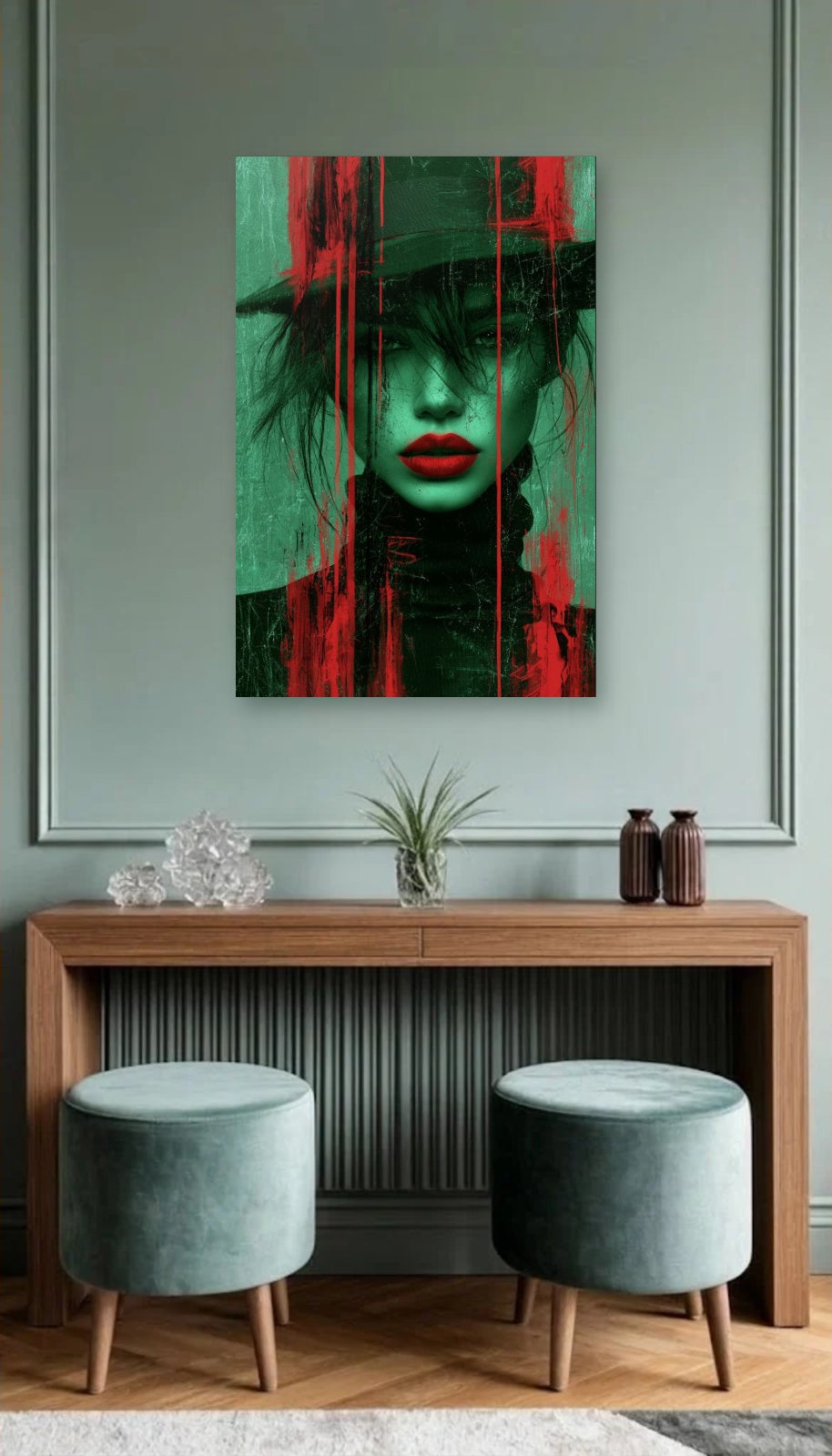 Expressions Art acrylic wall art above a wooden console