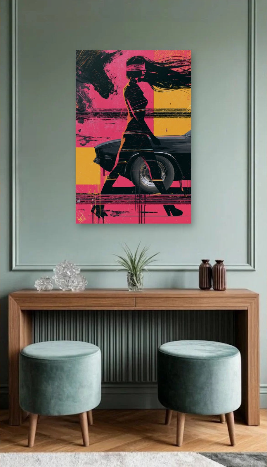 Expressions Art acrylic wall art above a wooden console