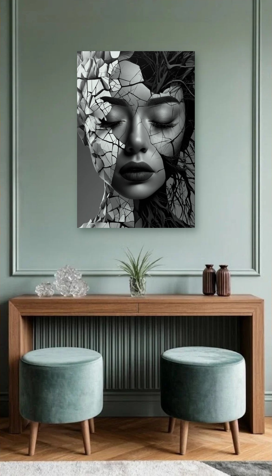 Expressions Art acrylic wall art above a wooden console
