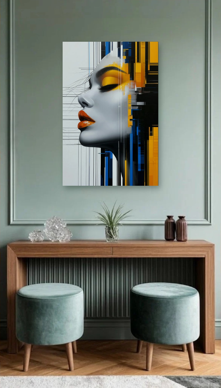Expressions Art acrylic wall art above a wooden console