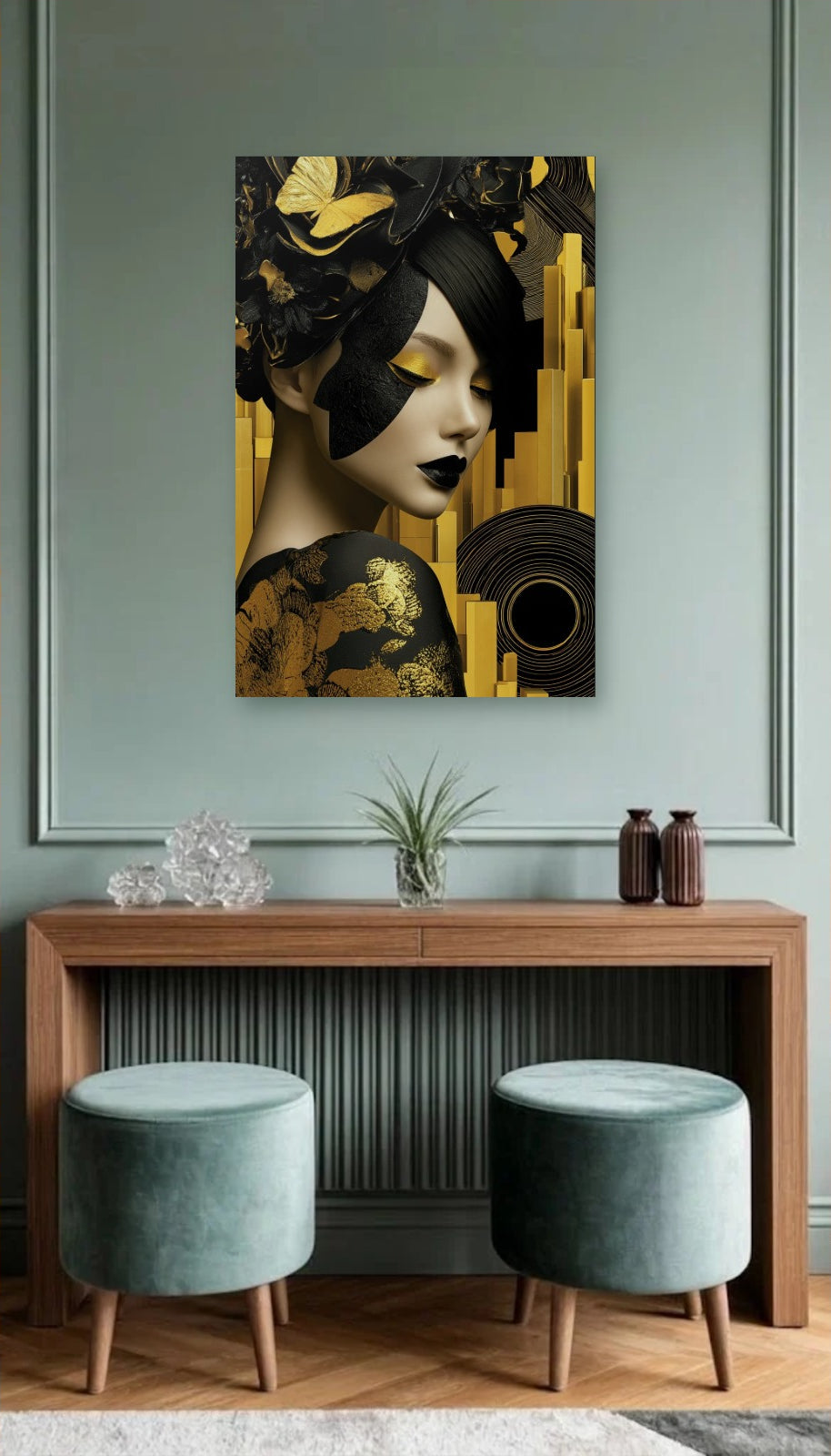 Expressions Art acrylic wall art above a wooden console