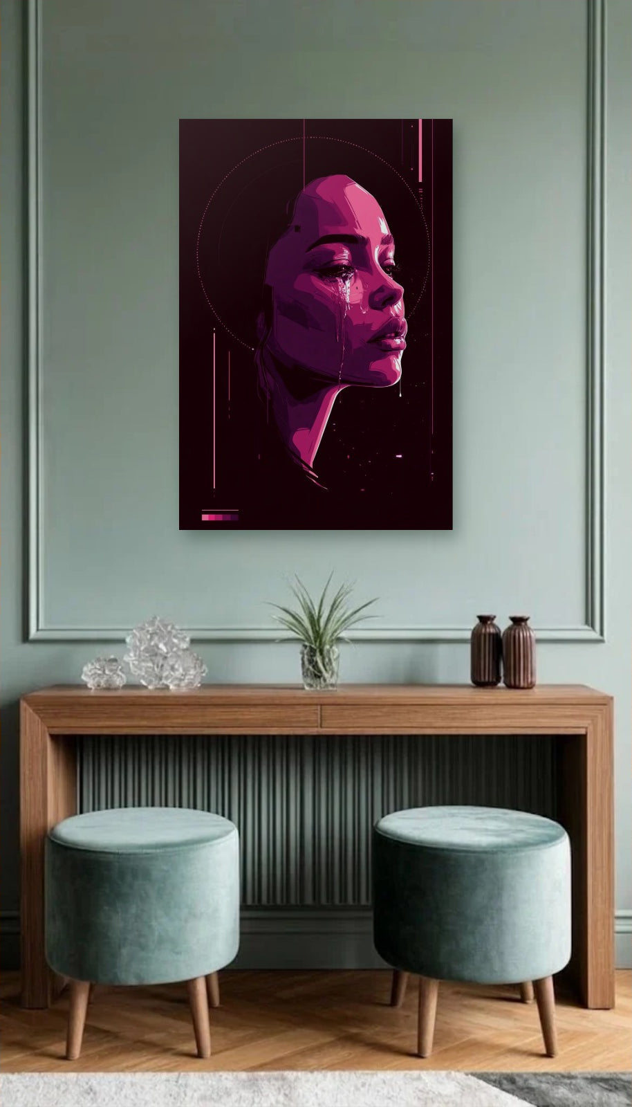 Expressions Art acrylic wall art above a wooden console