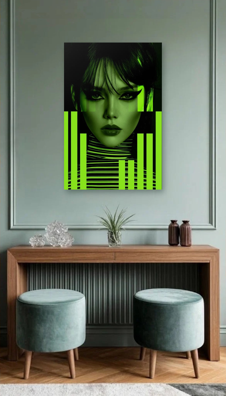 Expressions Art acrylic wall art above a wooden console