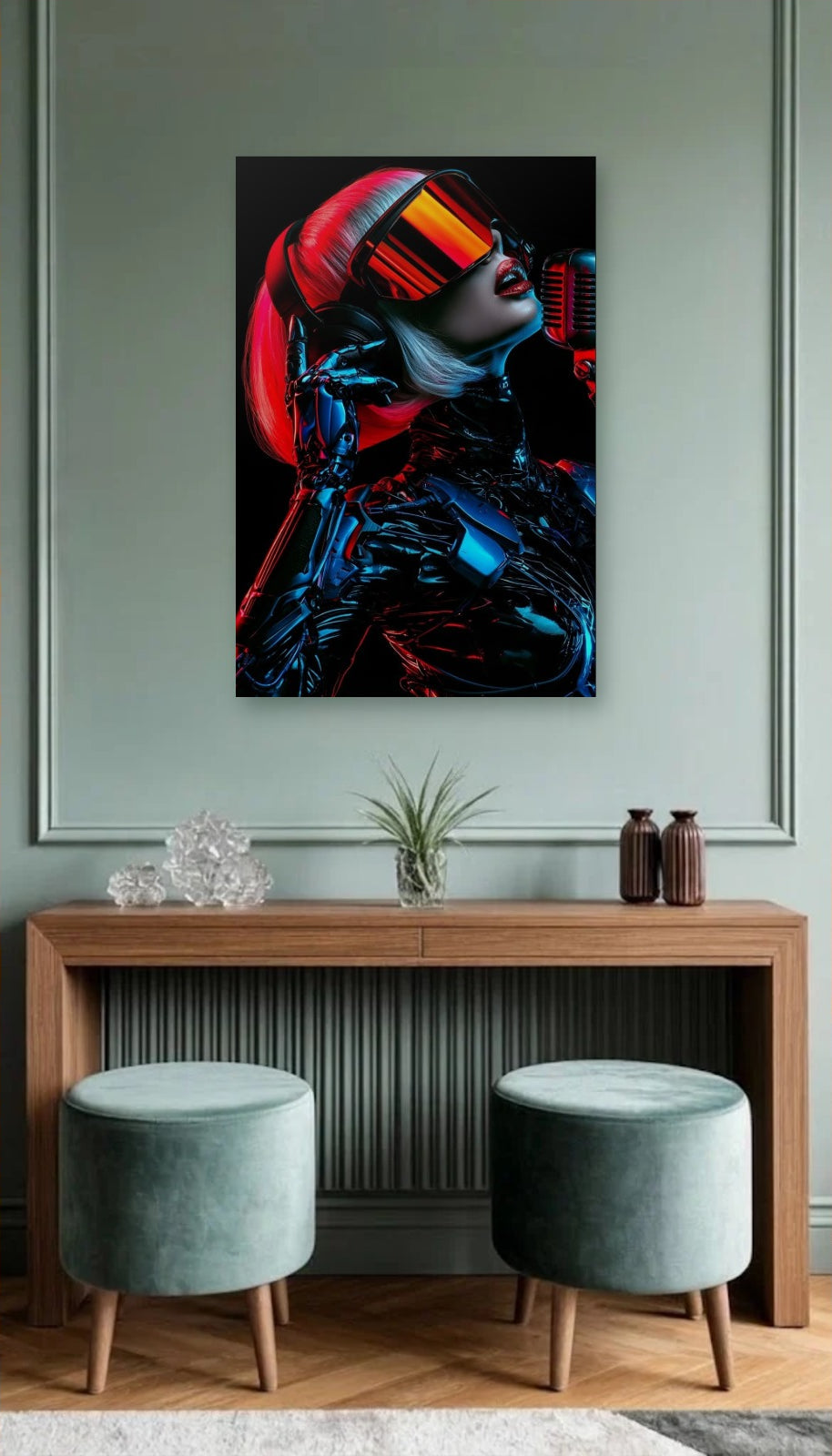 Expressions Art acrylic wall art above a wooden console