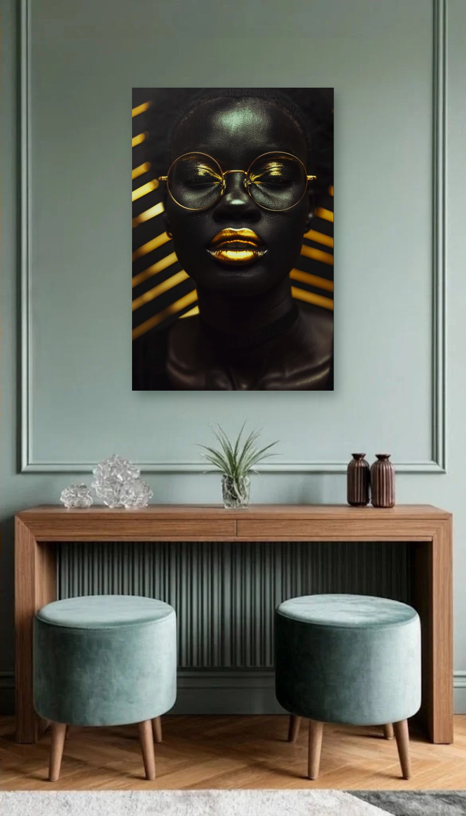 Expressions Art acrylic wall art above a wooden console