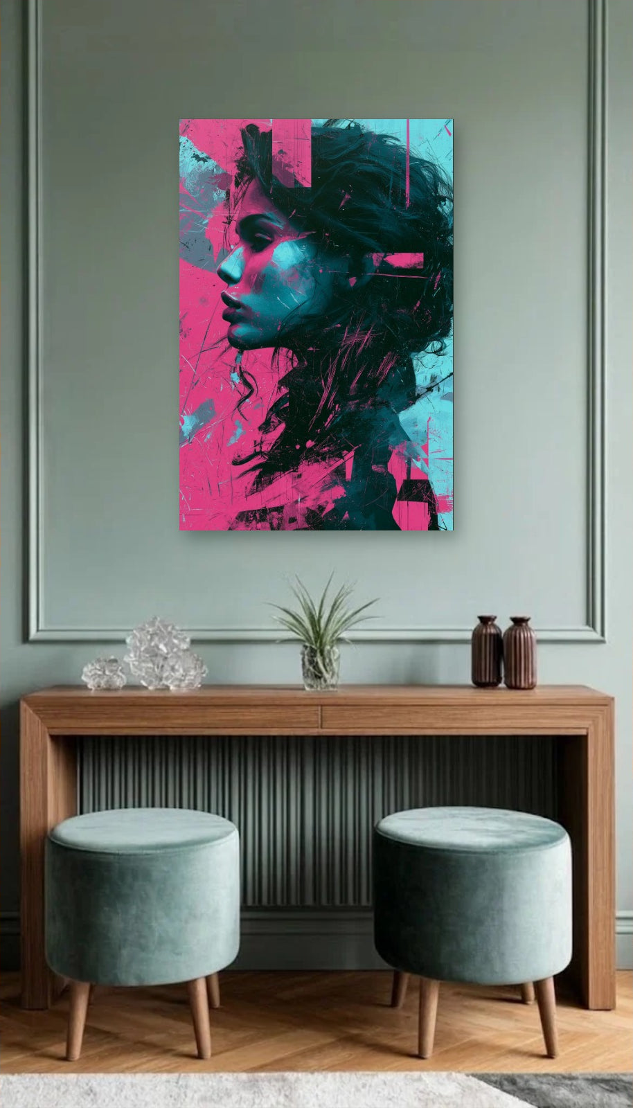 Expressions Art acrylic wall art above a wooden console