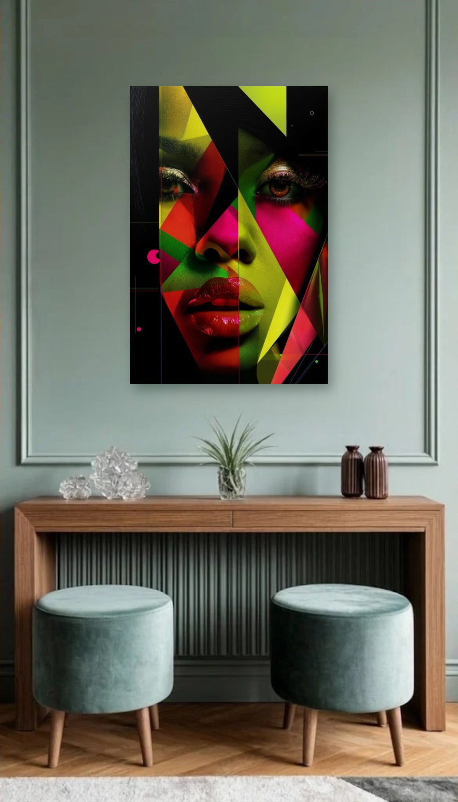 Expressions Art acrylic wall art above a wooden console