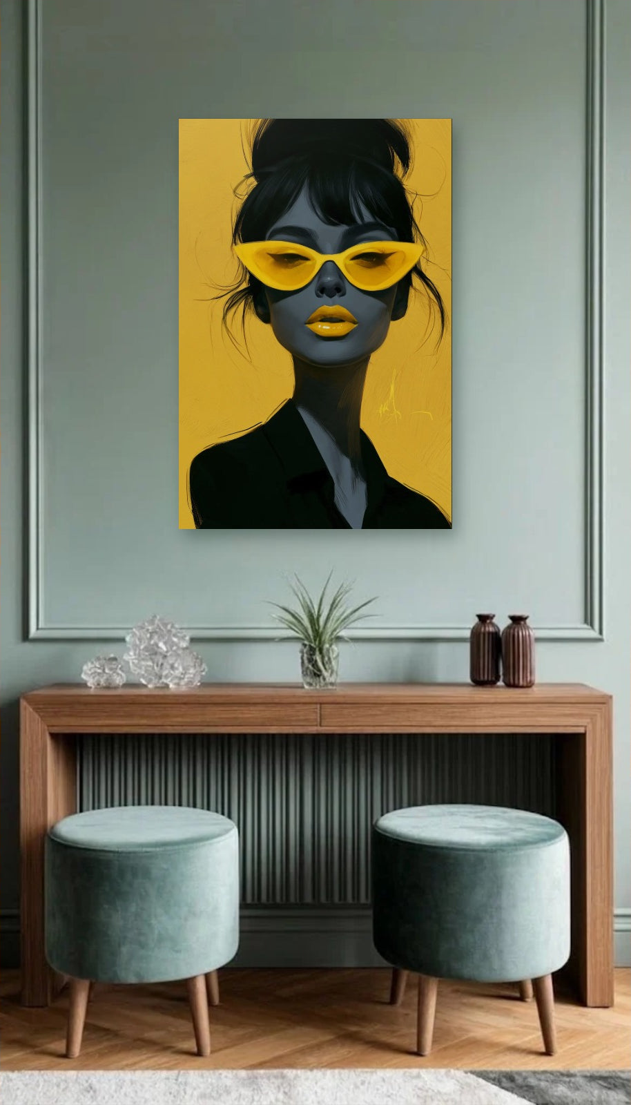 Expressions Art acrylic wall art above a wooden console