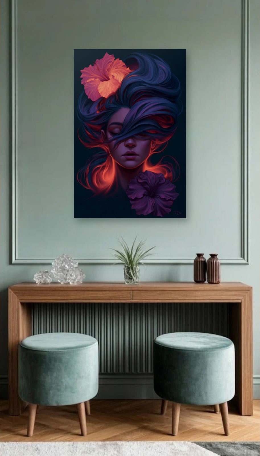 Expressions Art acrylic wall art above a wooden console