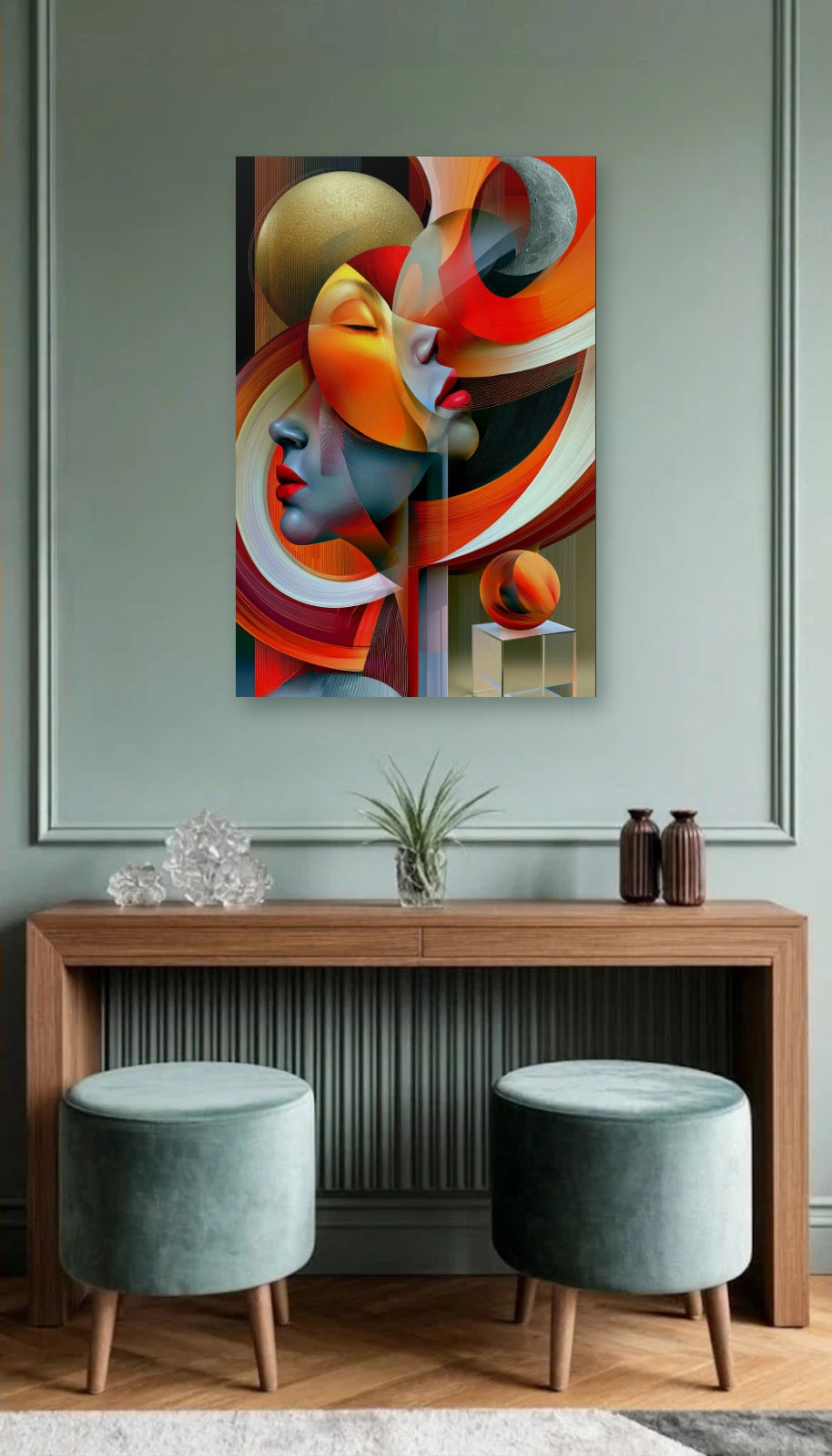 Expressions Art acrylic wall art above a wooden console