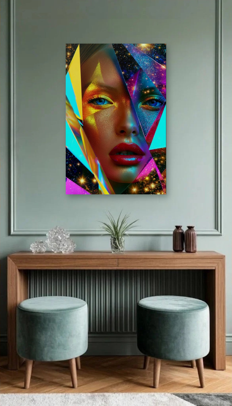 Expressions Art acrylic wall art above a wooden console