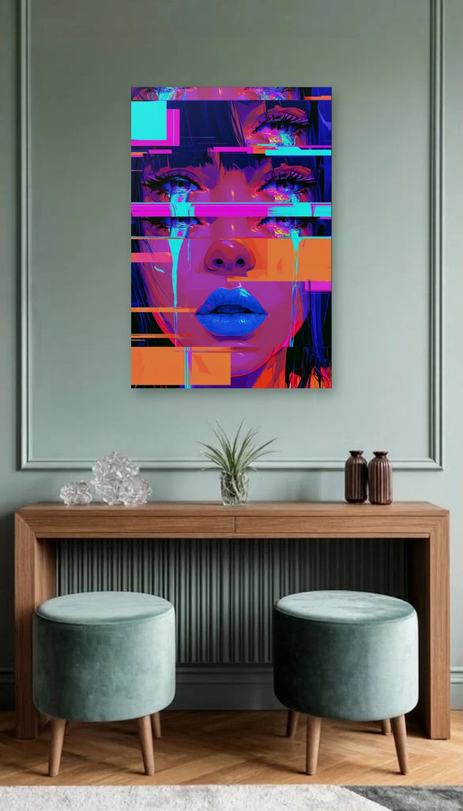 Expressions Art acrylic wall art above a wooden console