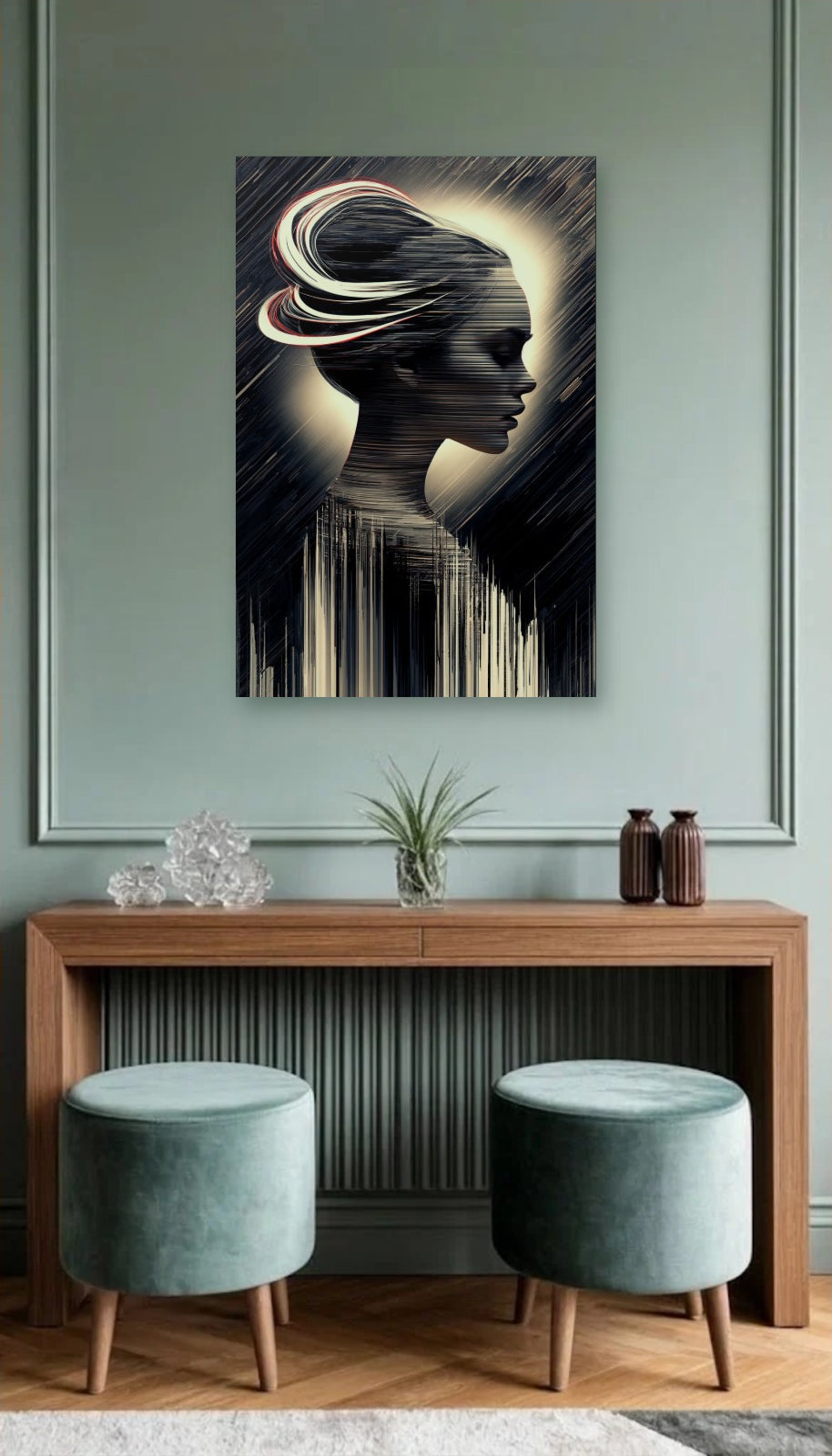 Expressions Art acrylic wall art above a wooden console