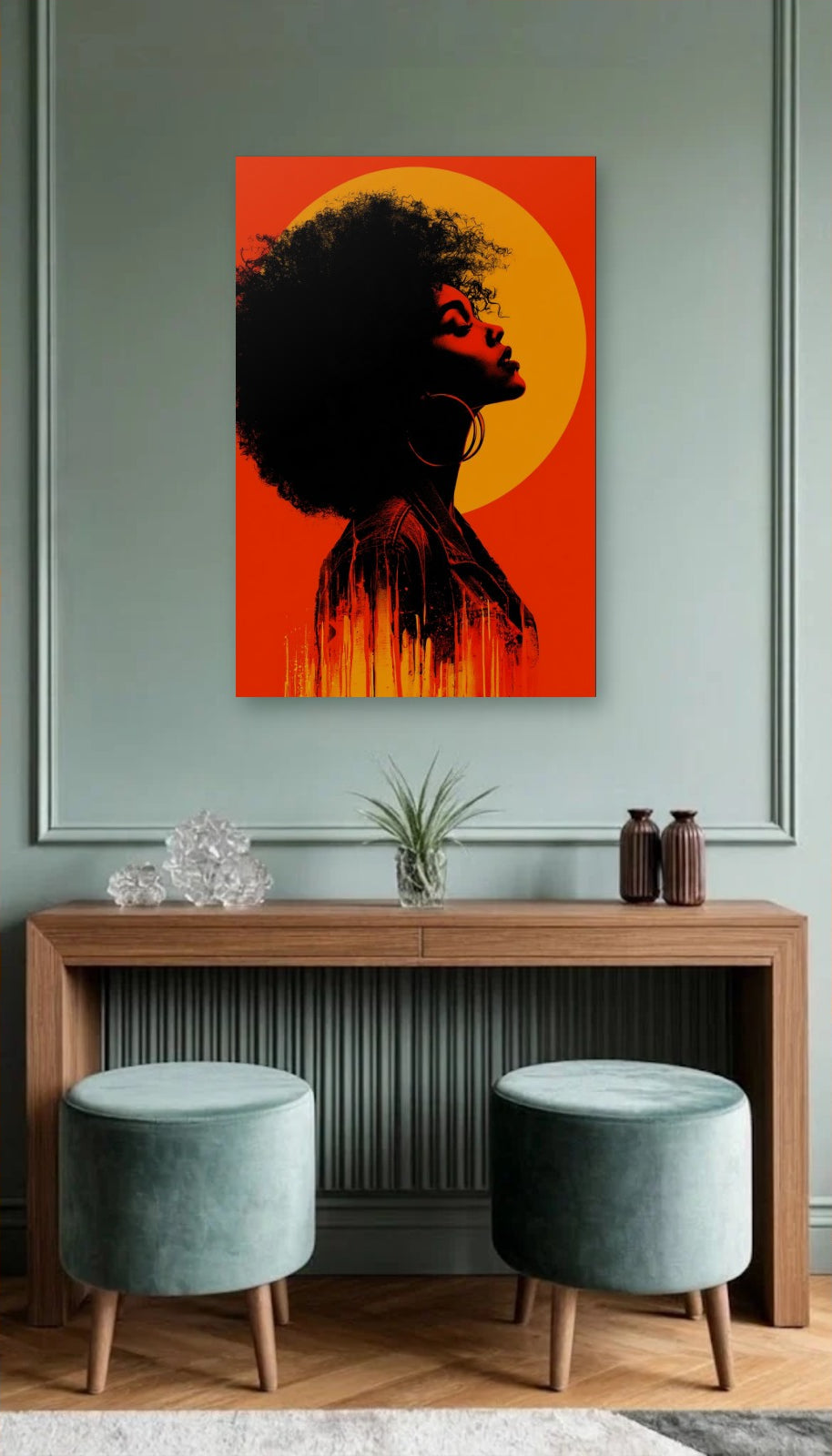 Expressions Art acrylic wall art above a wooden console