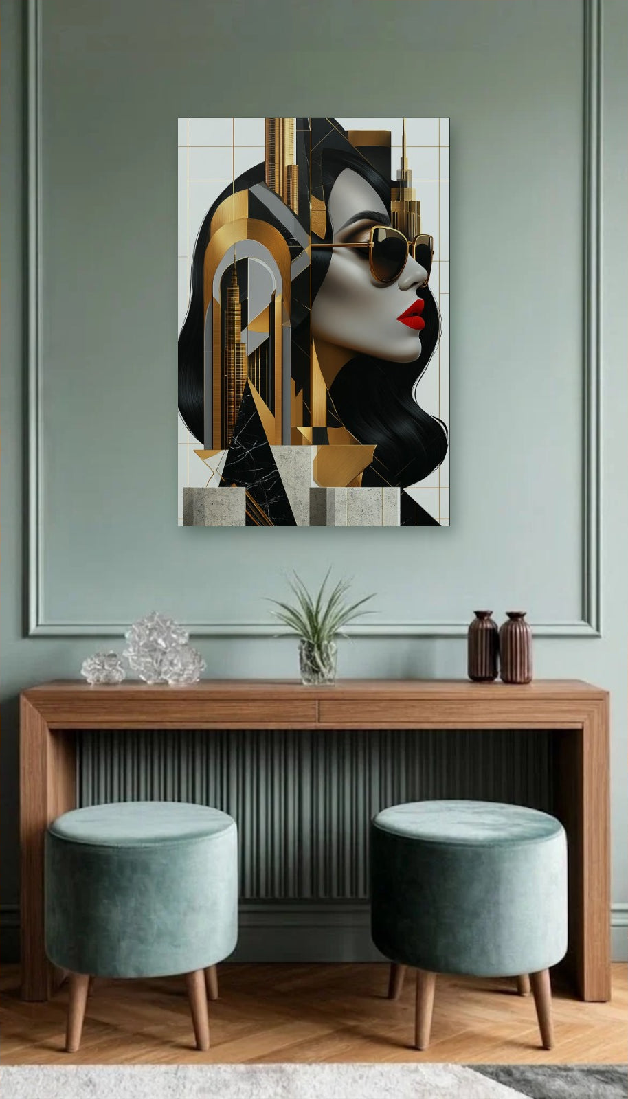 Expressions Art acrylic wall art above a wooden console