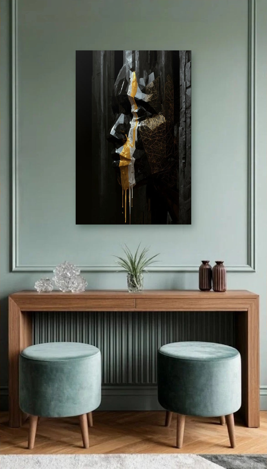 Expressions Art acrylic wall art above a wooden console