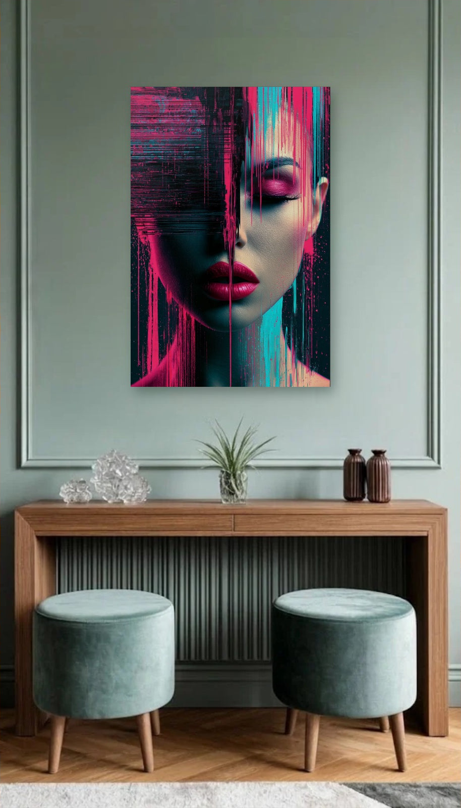 Expressions Art acrylic wall art above a wooden console