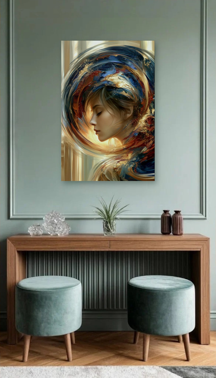 Luxury Art acrylic wall art above a wooden console