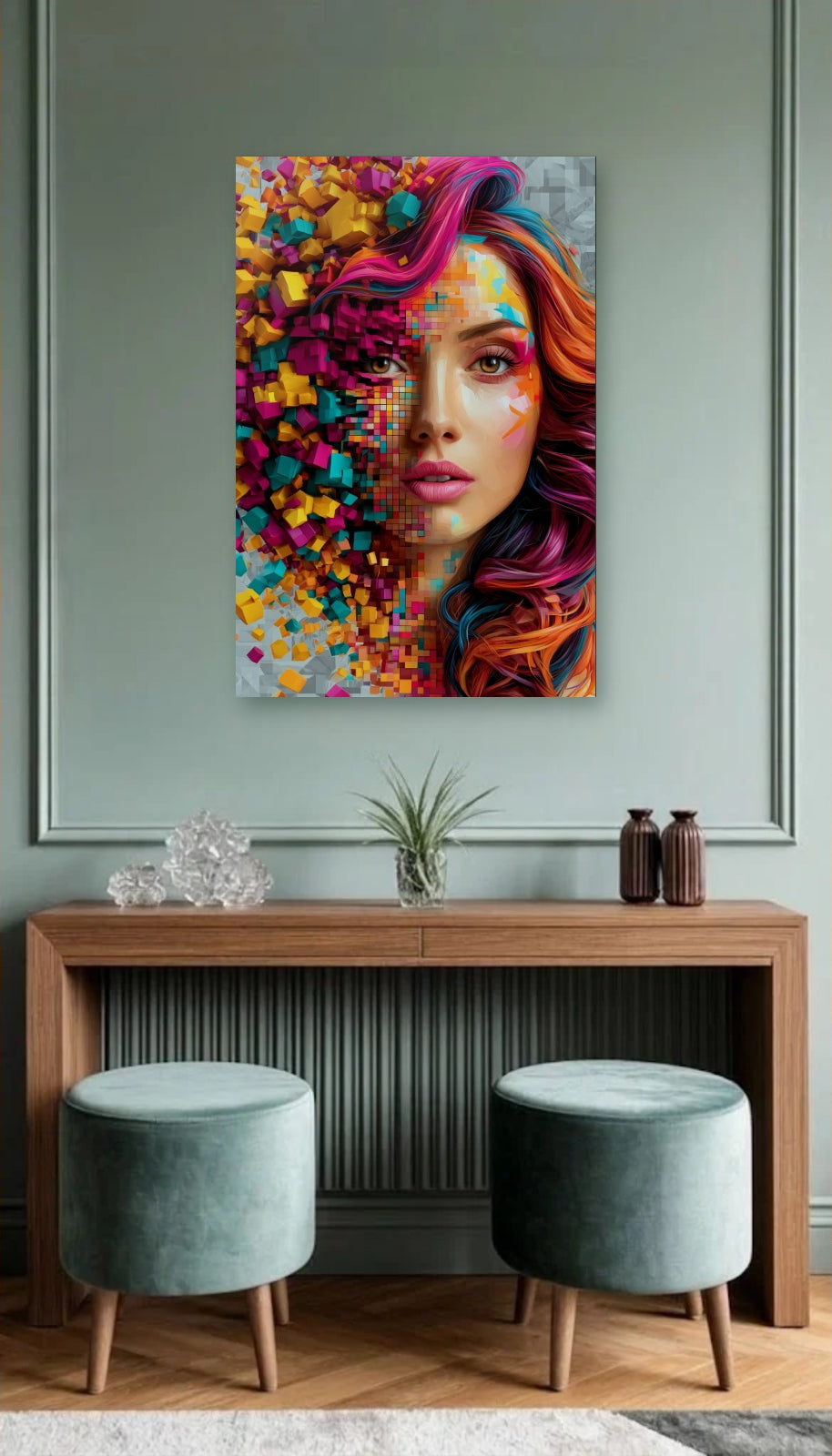 Expressions Art acrylic wall art above a wooden console